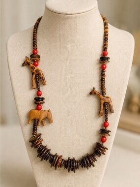 Vintage Carved Wood Safari Animal Necklace Giraffe Rhino Boho Statement